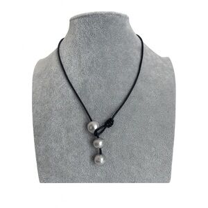Gray Pearls on Black Leather Cord Lariat Choker Necklace Handmade NEW
